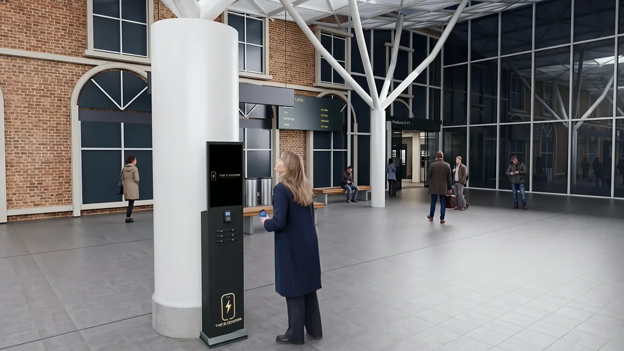A train station concourse: a Tap&Charge 24-slot indoor standing station in use