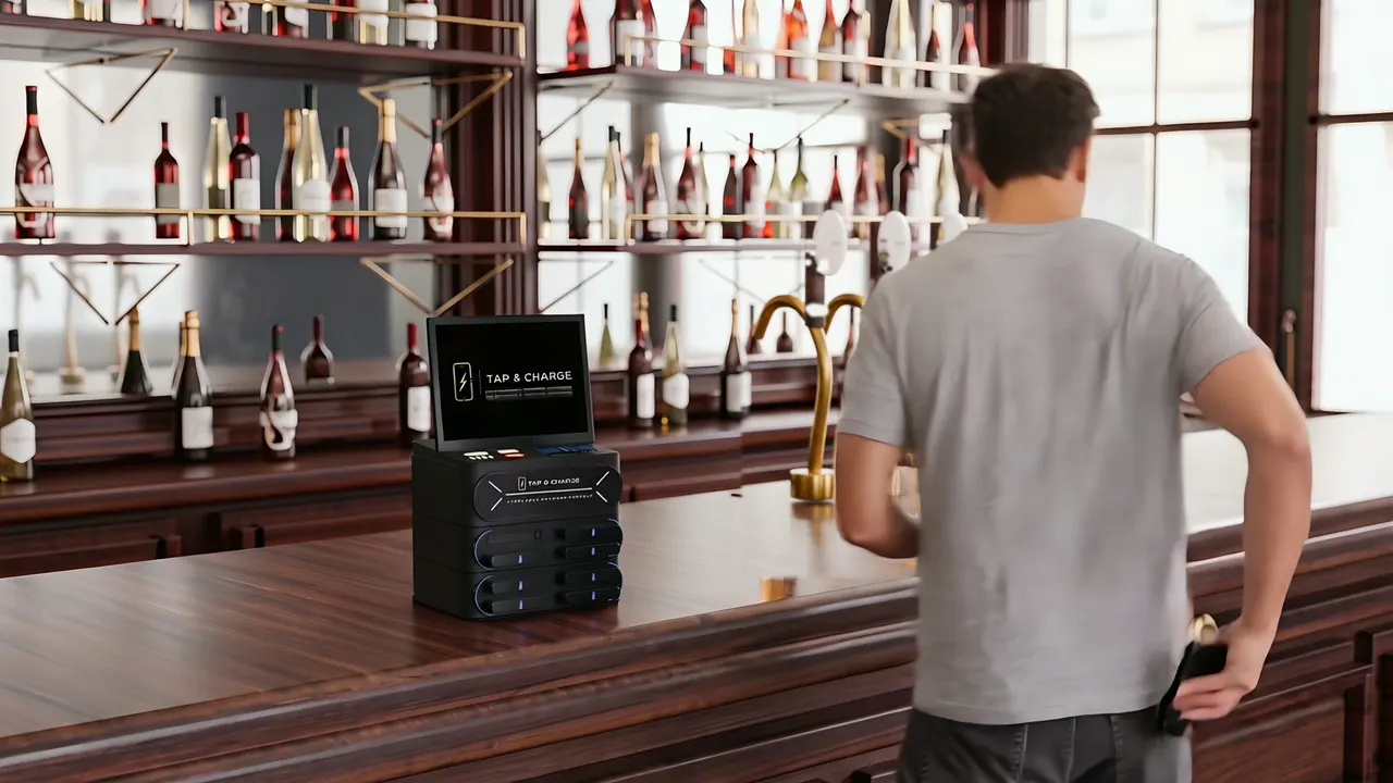 On the bar of a pub: a Tap&Charge 8-slot countertop station in use