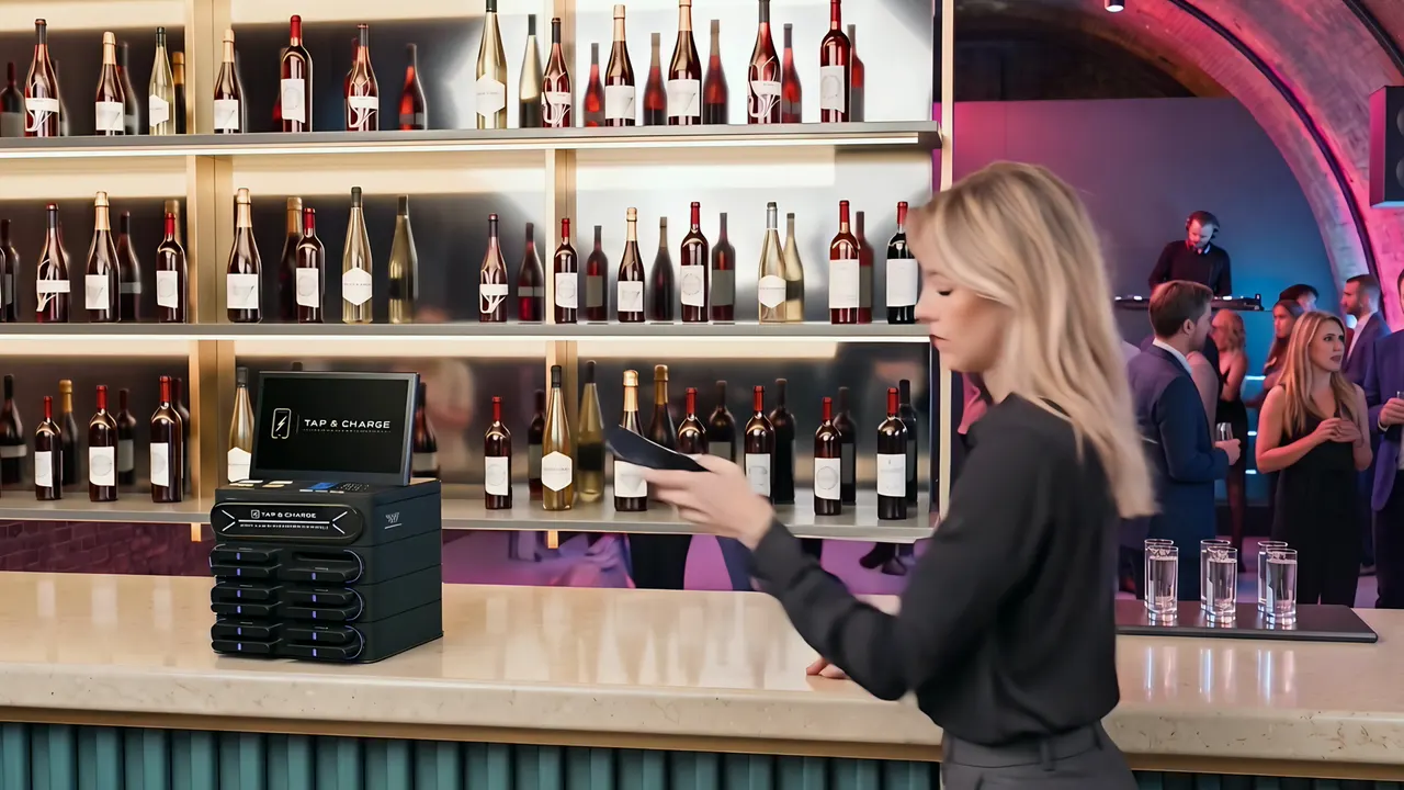 Behind a busy late-night bar: a Tap&Charge 12-slot countertop station in use