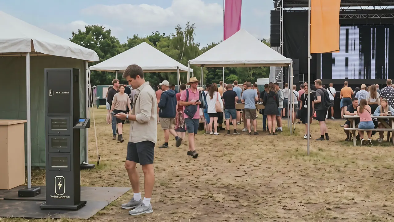 Beside the tents at a festival: a Tap&Charge 24-slot outdoor standing station in use