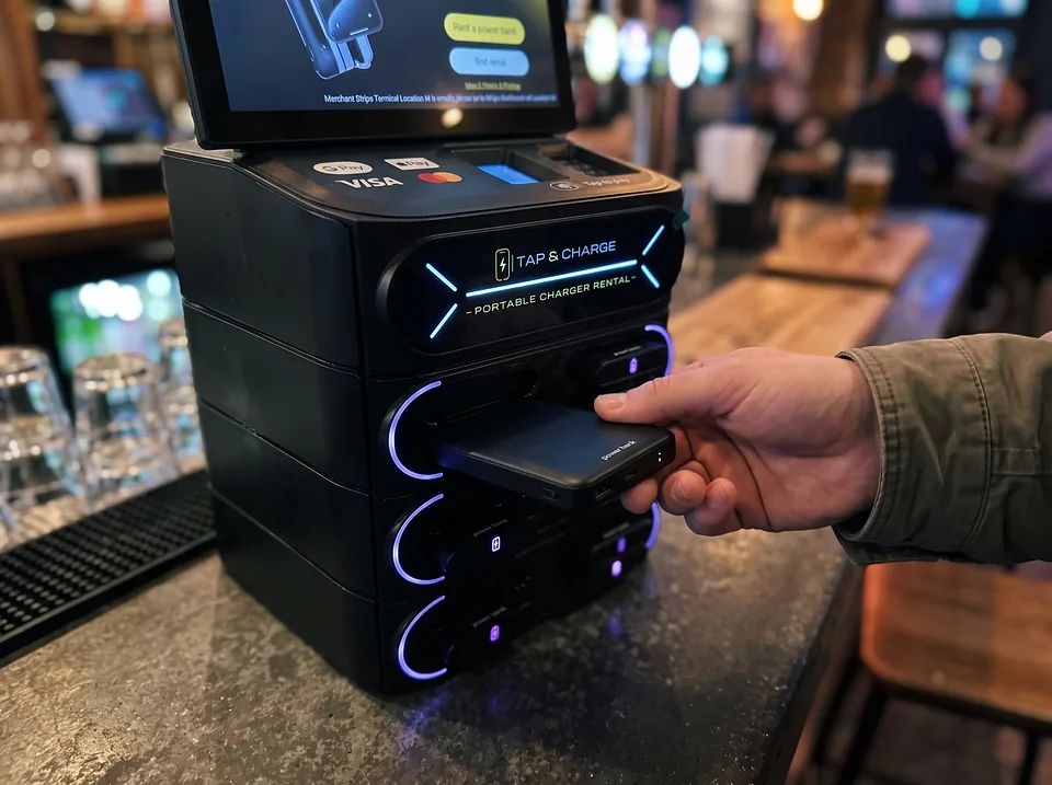 A hand sliding a Tap&Charge power bank back into an empty slot of a countertop station