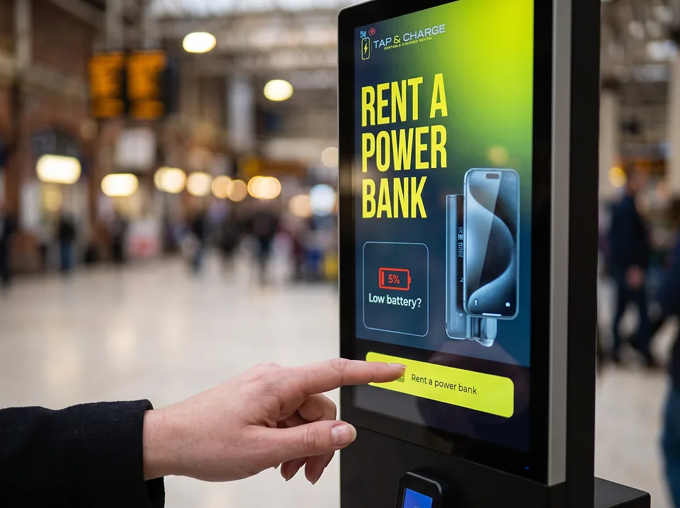 A finger pressing Rent a power bank on the screen of a Tap&Charge standing station