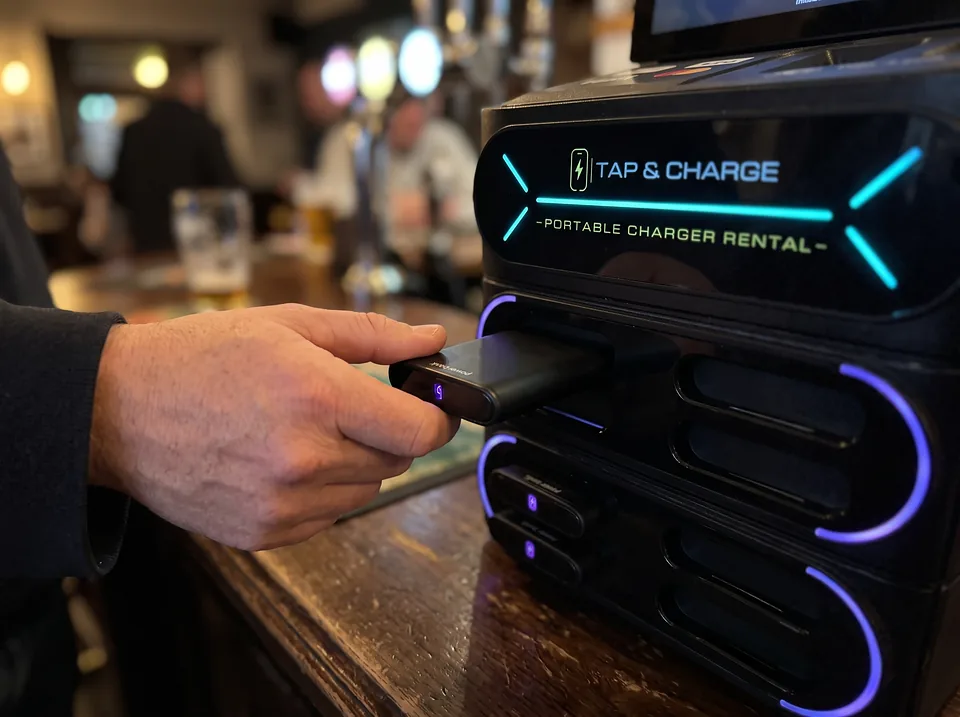 A hand pulling a Tap&Charge power bank from a lit slot of a countertop station