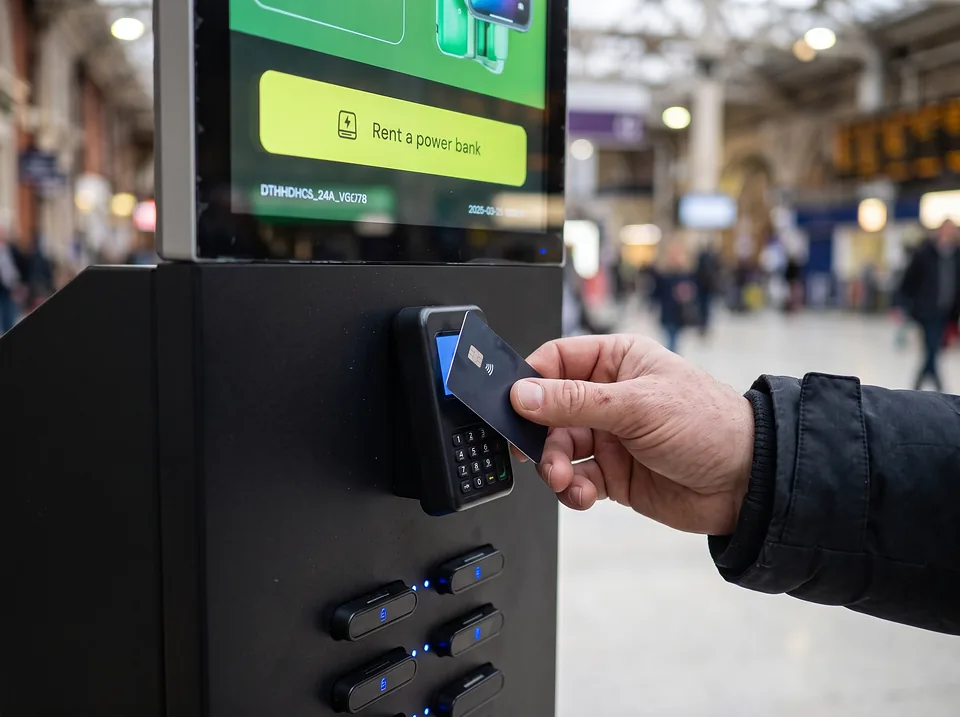 A contactless card held to the payment reader of a Tap&Charge standing station