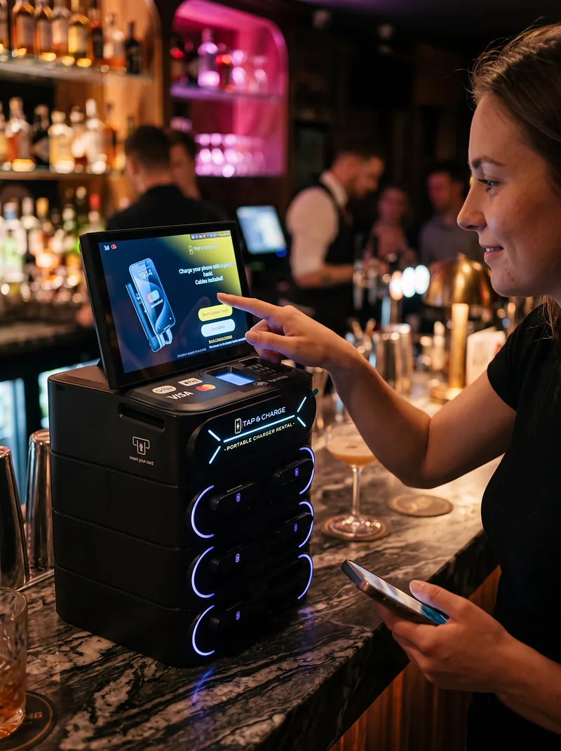 A woman at a cocktail bar touching the screen of the 12-slot countertop station