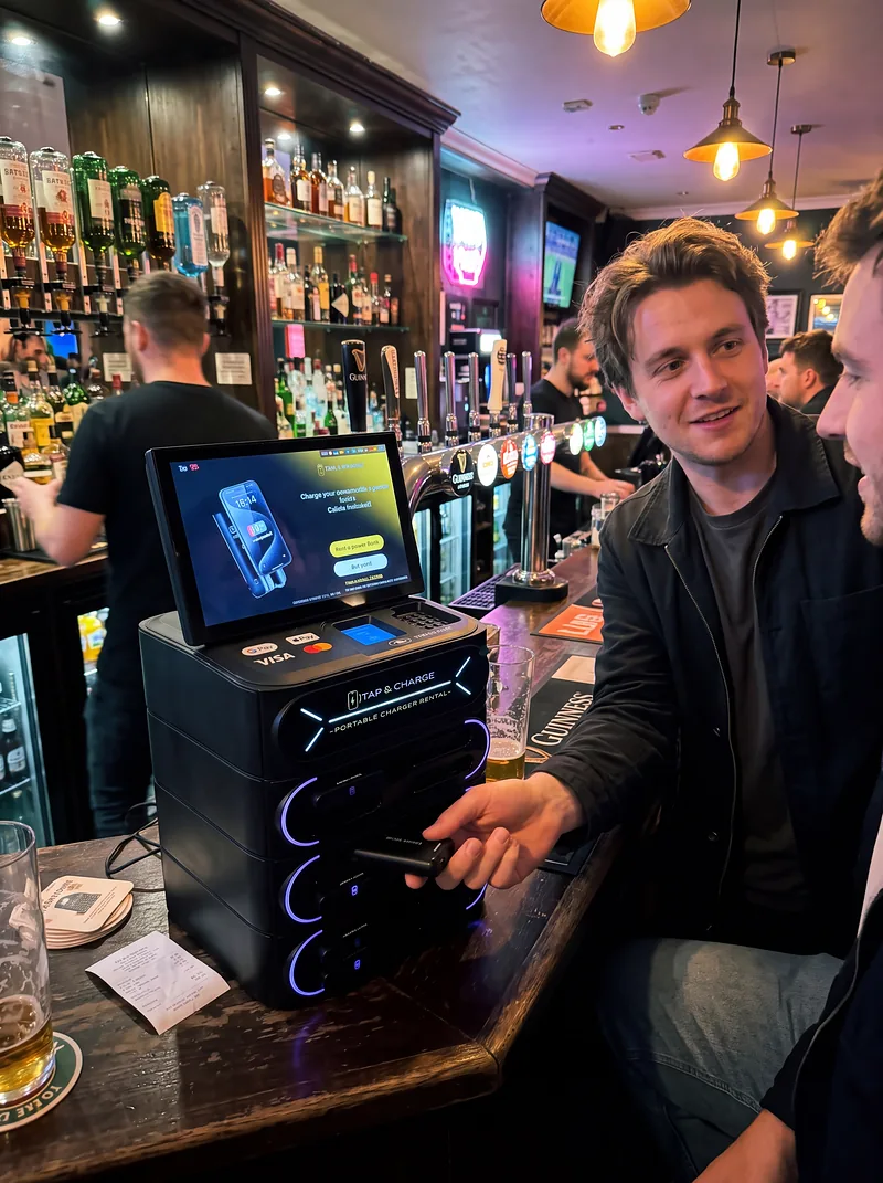A man taking a power bank from the 12-slot countertop station at a busy bar