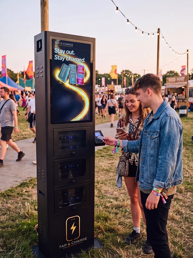 A couple at a festival paying at the side card reader of the 24-slot outdoor station