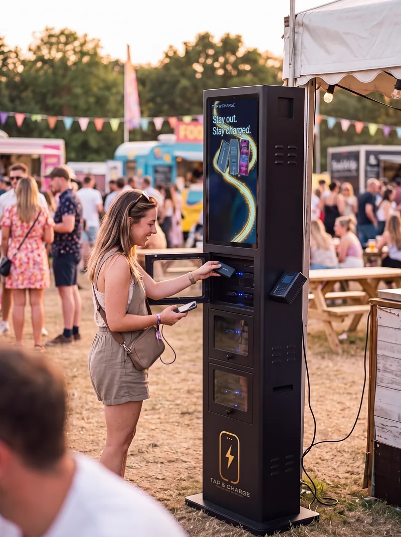 A woman taking a power bank from the 24-slot outdoor station at a festival