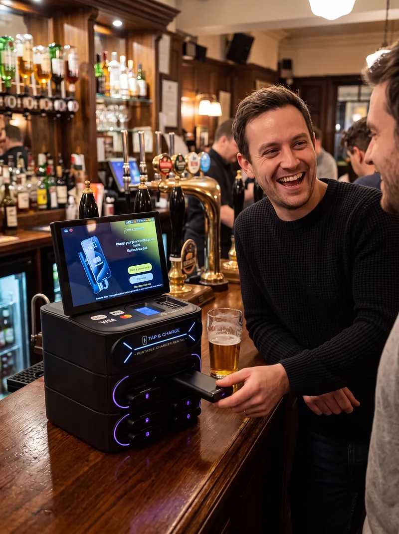 A man at a pub bar taking a power bank from the 8-slot countertop station