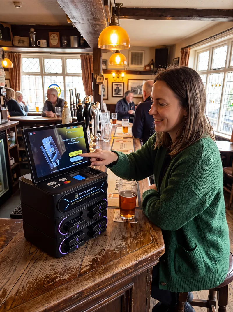 A woman renting a power bank from the countertop station at a pub bar