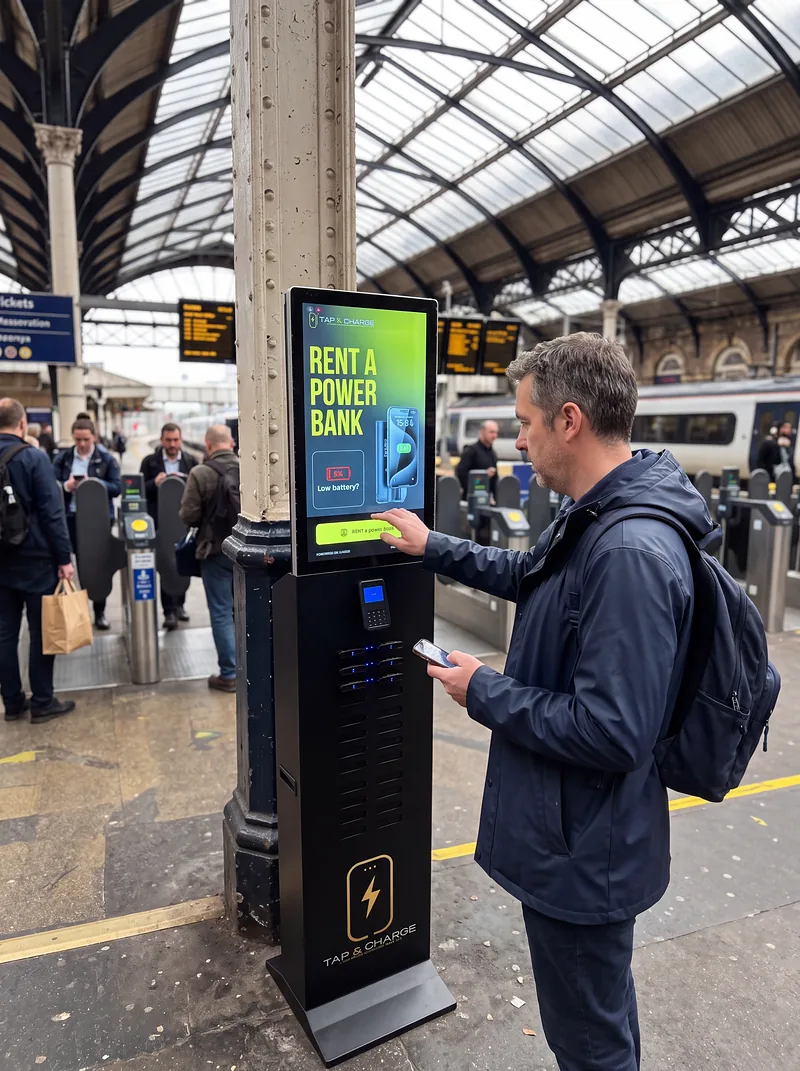 A commuter touching the screen of the 24-slot indoor station at a station