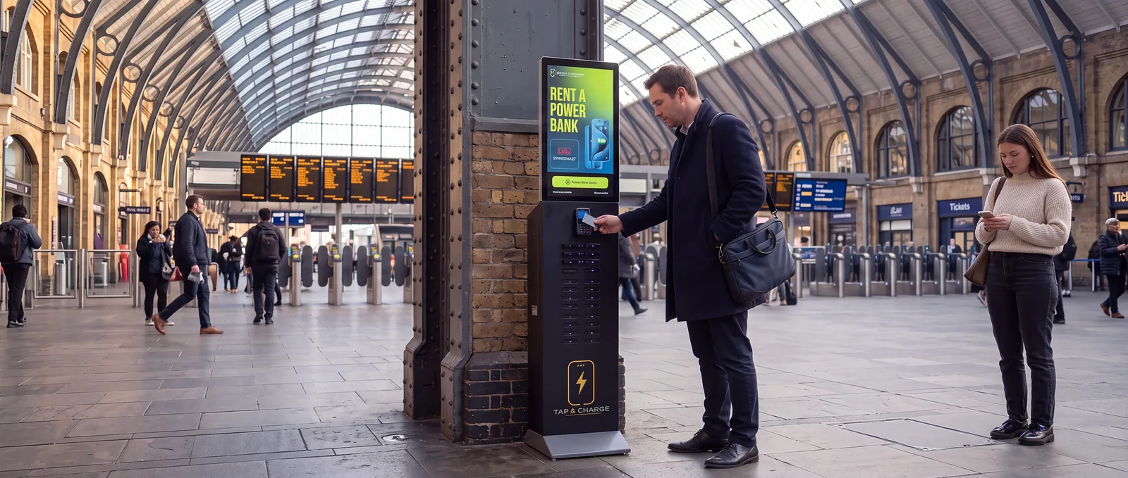 A commuter tapping his card on a Tap&Charge standing station beside an iron pillar on a busy station concourse